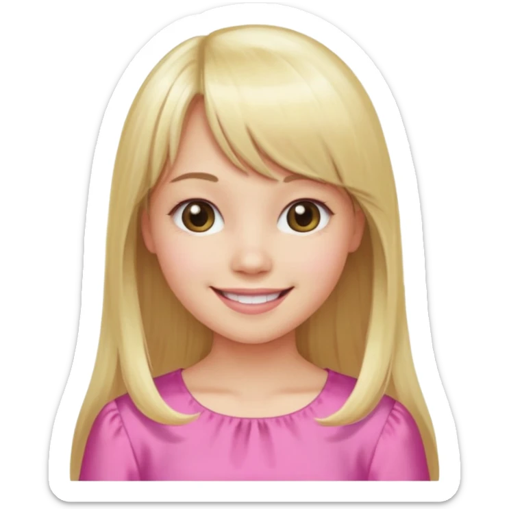 Menina branca de cabelo loiro longo de franja na testa sorrindo blusa rosa sticker
