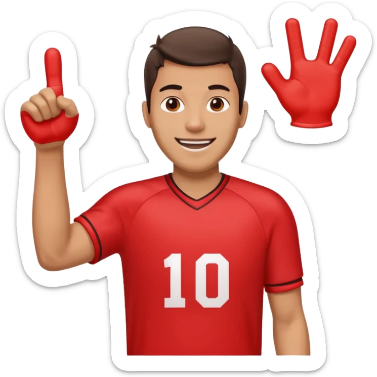 A cheerful man in a team jersey, waving a giant red foam finger high with an excited grin. sticker