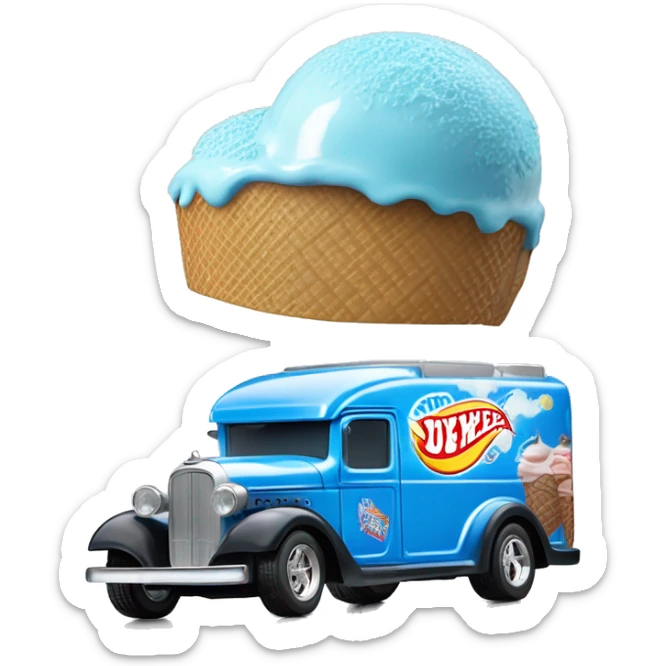 Hot wheels style, ice cream truck from 1934 with wide chrome mag wheels, blue, no ice cream on top of truck, open selling window.  sticker