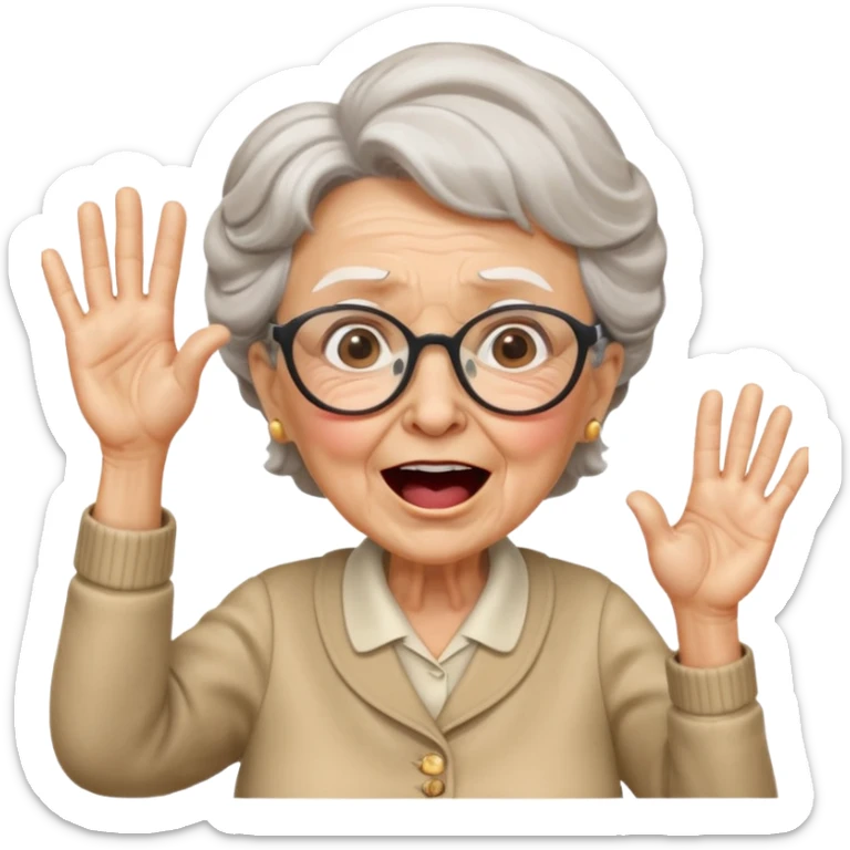 An old lady with big glasses, waving her arms while yelling encouragement. sticker
