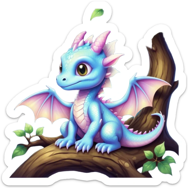 Airbrush painted image of an adorable little baby dragon with large glistening eyes sitting beside a tree under a deep galactic sky with pearlescent scales and wings spread against the stars sticker