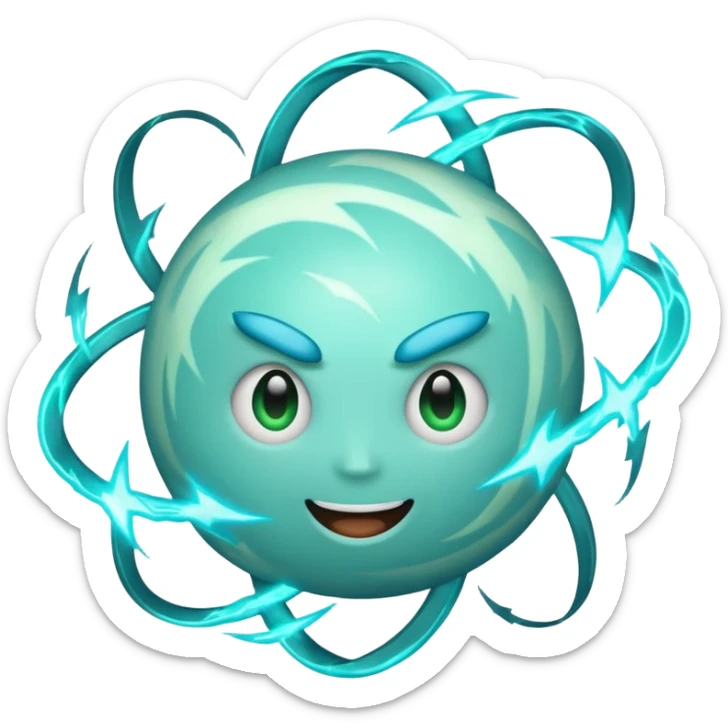 Uranus emoji in Apple-style, blue-green planet with swirling rings, big playful excited face, large clearly visible bold lightning bolt, bursting with electric chaotic energy sticker