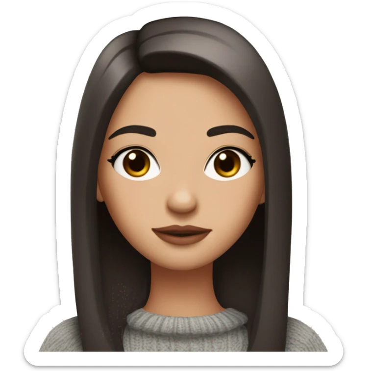 the girl has fair skin, dark straight hair, sweater, brown eyes, pink lips, long eyelashes sticker