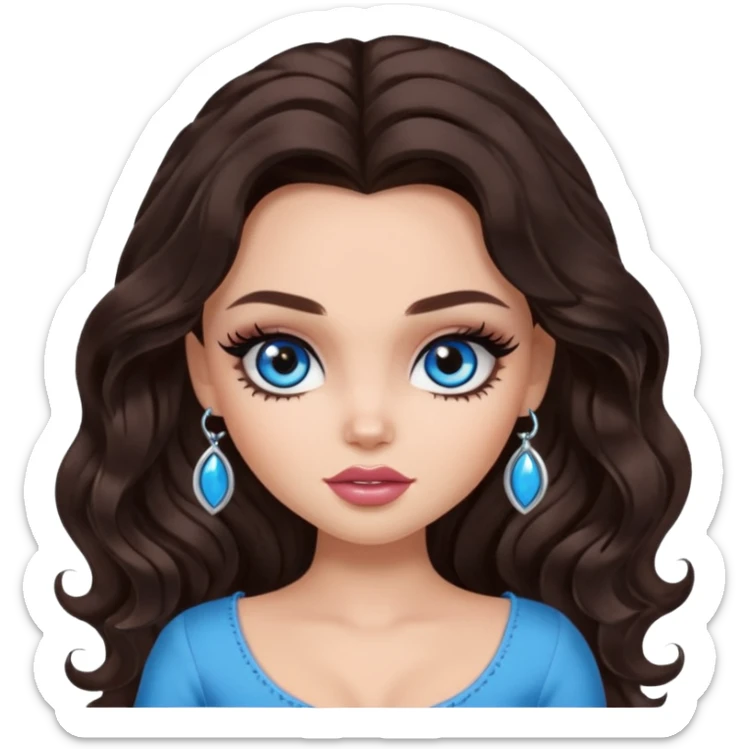 pretty bratz baddie, long dark brown wavy hair, pretty makeup, long lashes, pretty blue eyes sticker