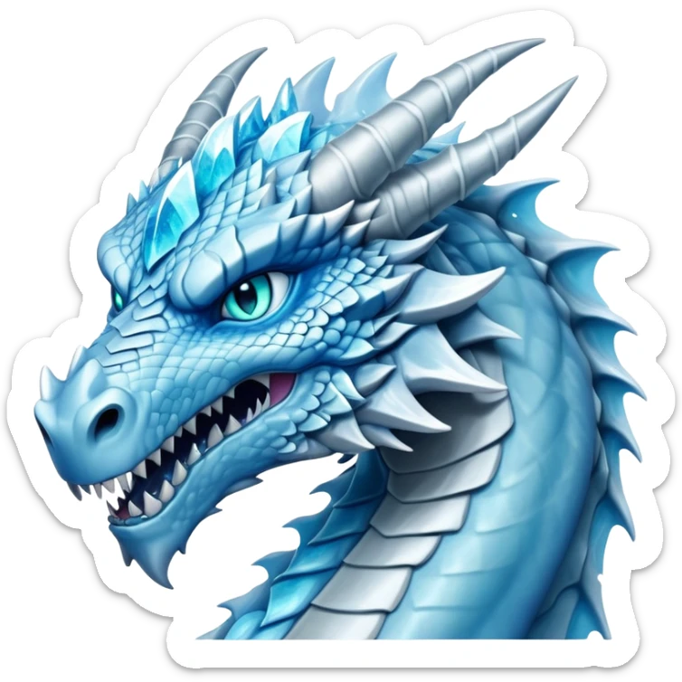 Cinematic Noble Fierce Ice Dragon Portrait Emoji, Poised and imposing, with a muscular, scaled body shimmering in glacial hues of icy blue, frostbitten silver, and crystalline white, and piercing, glowing eyes that radiate the chilling depths of an arctic storm; rendered in detail. sticker