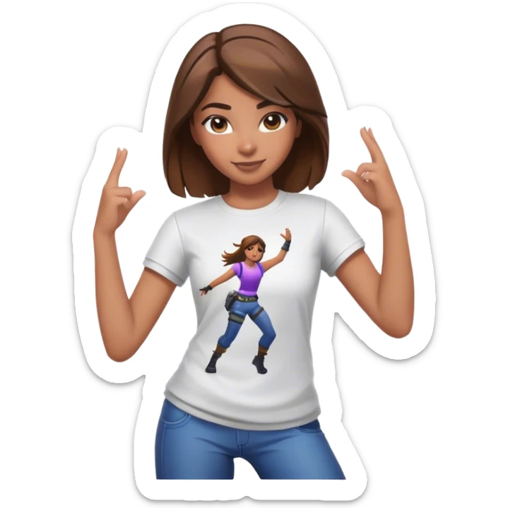 Girl with brown hair dancing with Fortnite shirt sticker