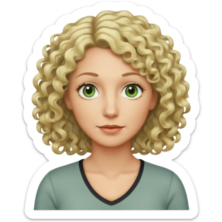 a woman in her late 40s and has greyish greenish eyes and blonde curly hair wearing a grafic top# sticker