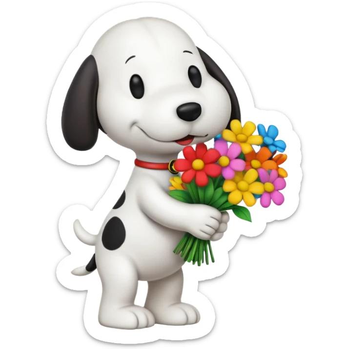 classic snoopy, colorful with bold outline, with a bouquet of flowers  sticker