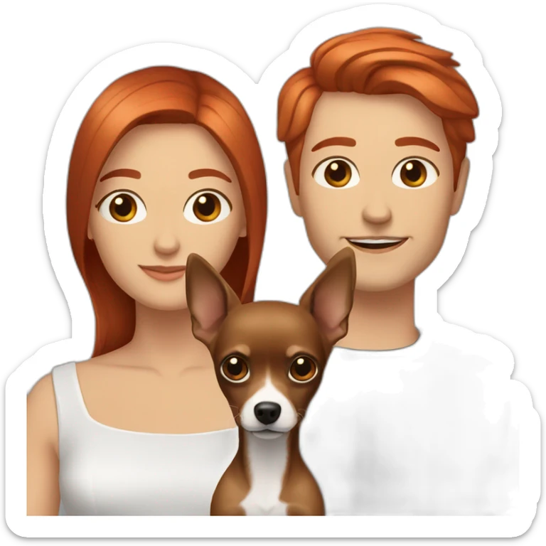 Gay couple. Red hair blue eyes. Dark grey brown hair. Long hair sand chihuahua. sticker
