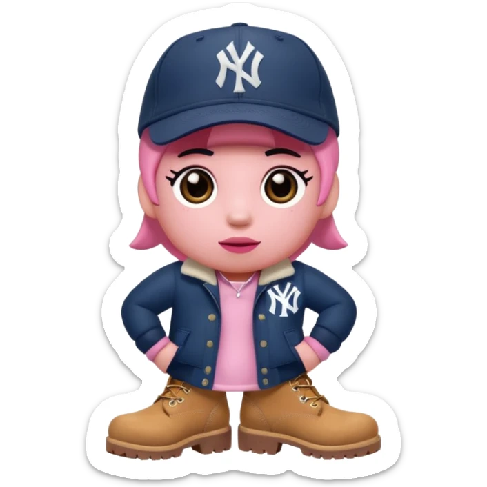 Kirby the cartoon character with timberland boots and a new york Yankee cap sticker