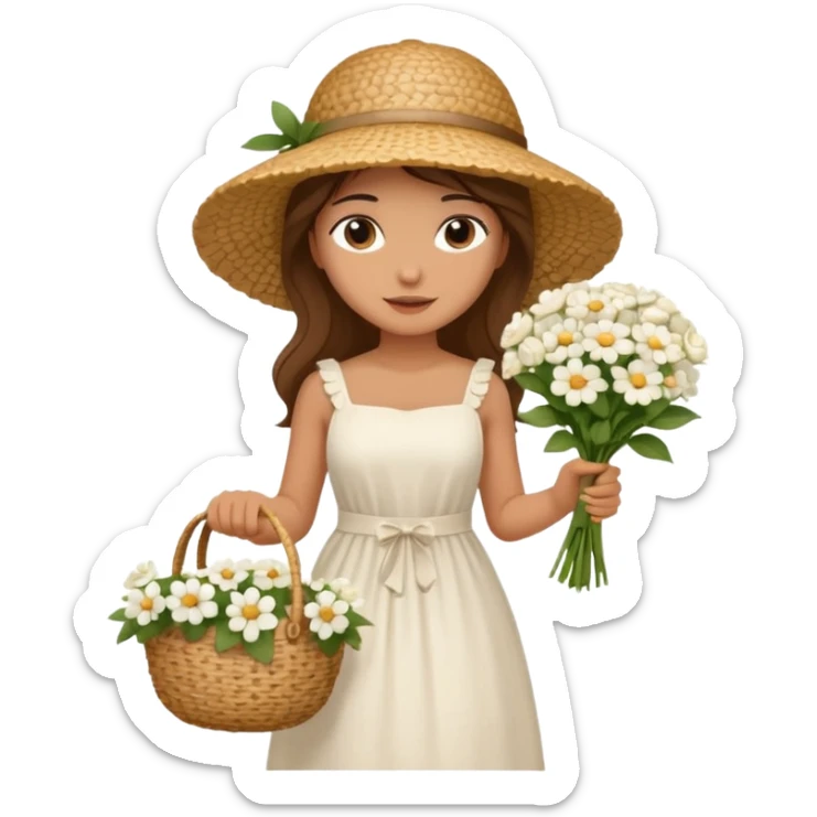 summer beautiful wicker hat, beach beige bag and bouquet of white flowers and girl in Italy white dress sticker