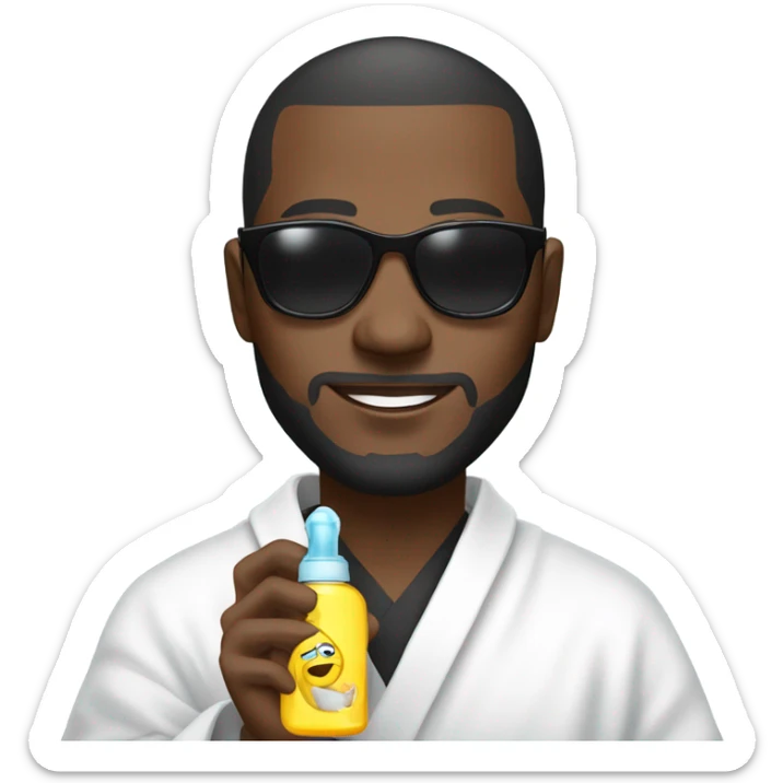 Black man in robe holding a baby and baby oil and he has sunglasses on  sticker