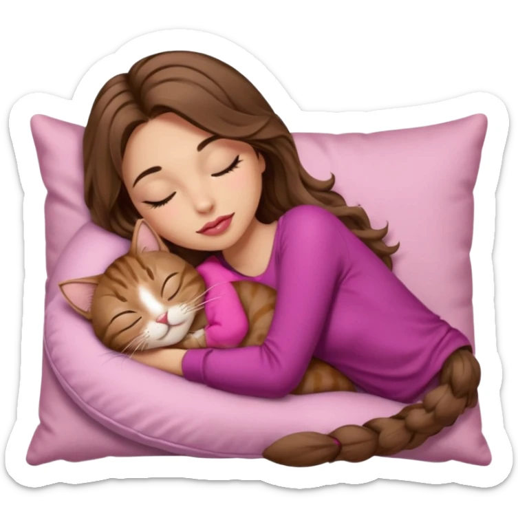 girl with long wavy brown hair, brown eyes, long lashes makeup, sexy pink lips, light to medium complexion,  sleeping on a cozy pillow, with brown tabby cat, sleeping sticker