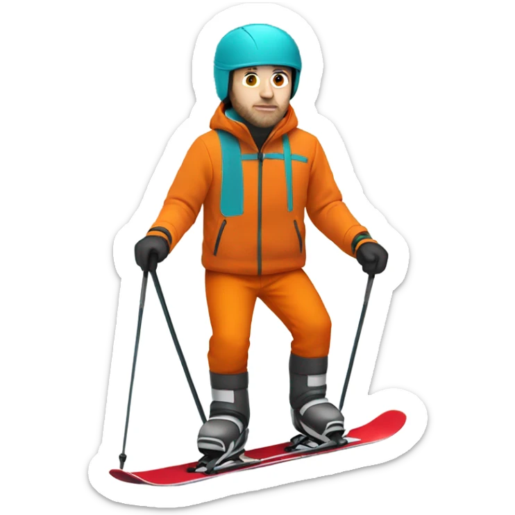 white man skiing wearing an ORANGE JACKET and a RED HELMET and wearing TURQUOISE PANTS sticker