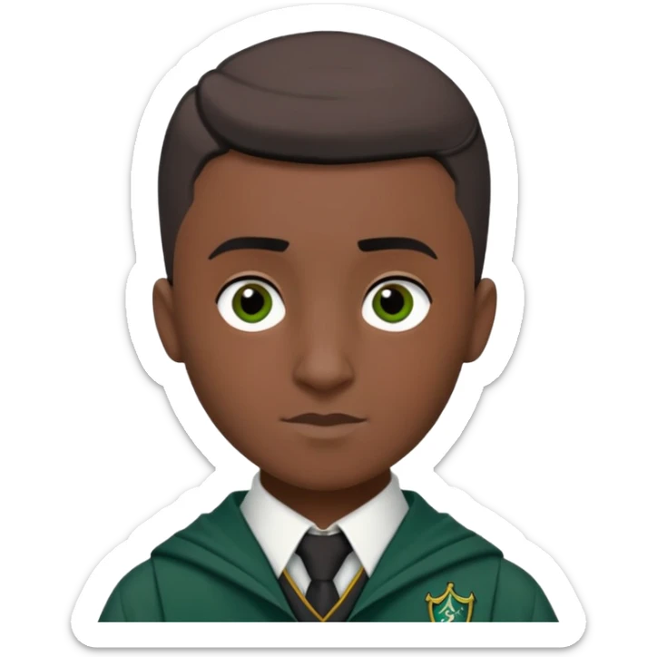 louis cordice is Blaise Zabini in harry potter, wear hogwarts slytherin uniform, Classic Buzz Cut hair, black skin, long face sticker