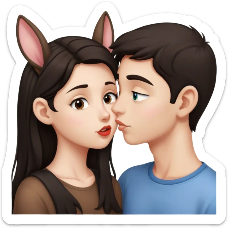 Caucasian brunette girl teen kissing dark haired teen boy with big ears sticker