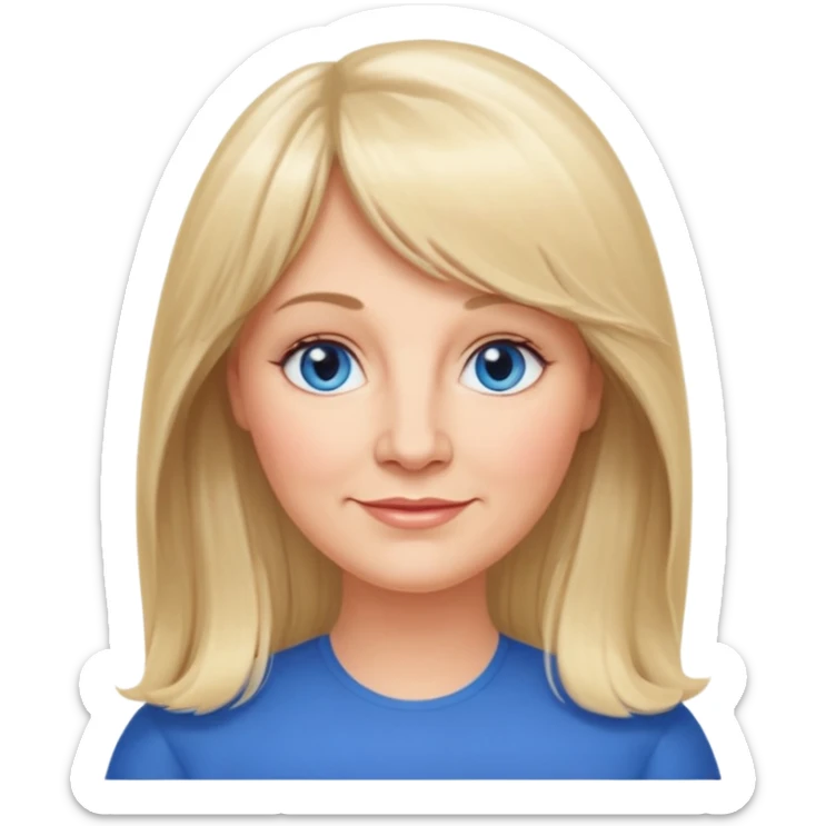 50 yr old white woman, curtain bangs, very long straight blond hair, oval face, small smile, blue eyes, slightly chubby face sticker