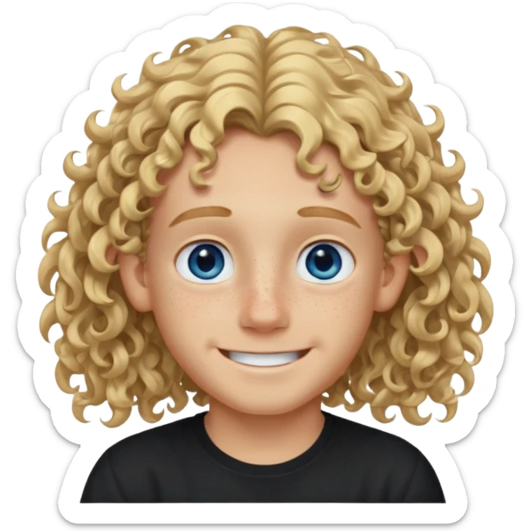 blonde boy with long curly hair past his ears, smiling, wearing a black shirt with freckles and blue eyes sticker