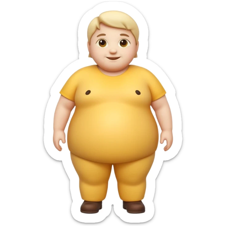 A 3D emoji in iOS emoji aesthetic style of a chubby full-body person standing upright, with round belly, soft features, and a cheerful smile. Glossy texture, bright lighting, minimal white background, friendly and expressive design. sticker
