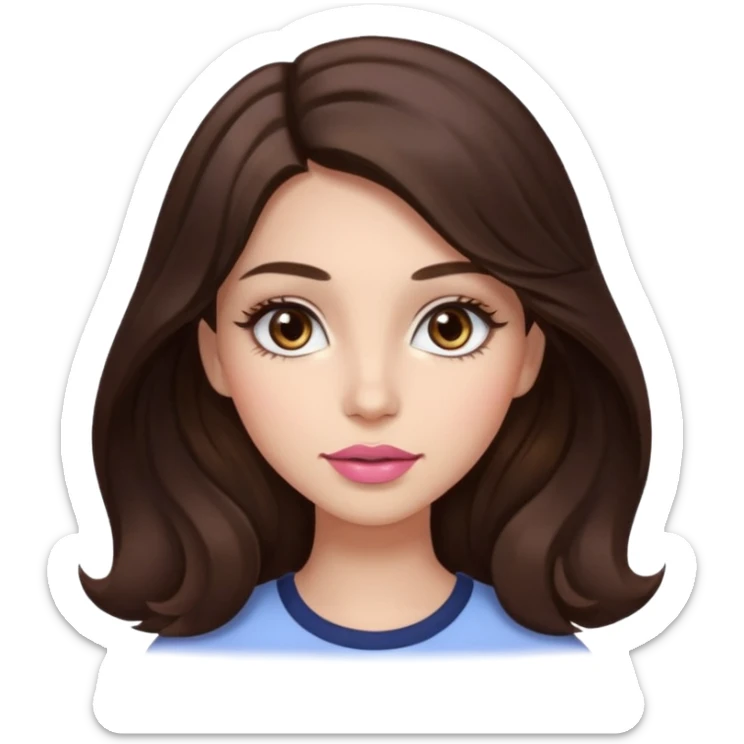 girl with wavy long dark brown hair, brown eyes, light to medium complexion, long lashes, almond shaped eyes, light pink lipstick, square shaped face sticker