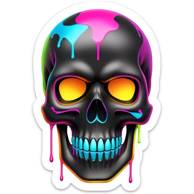 sleek black skull with vibrant neon graffiti tags and famous luxury brand logos spray painted, front view sticker