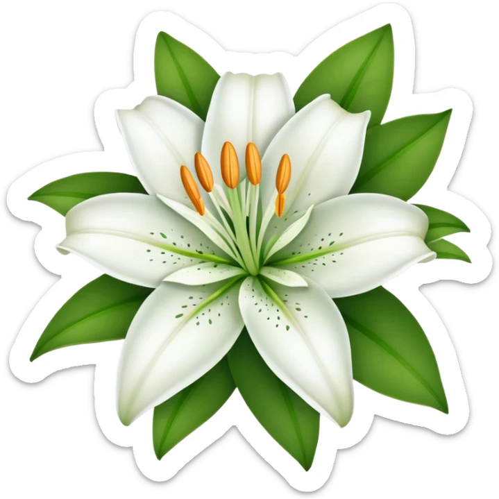 white lily flower with exactly six petals, one flower bud, and green leaves sticker