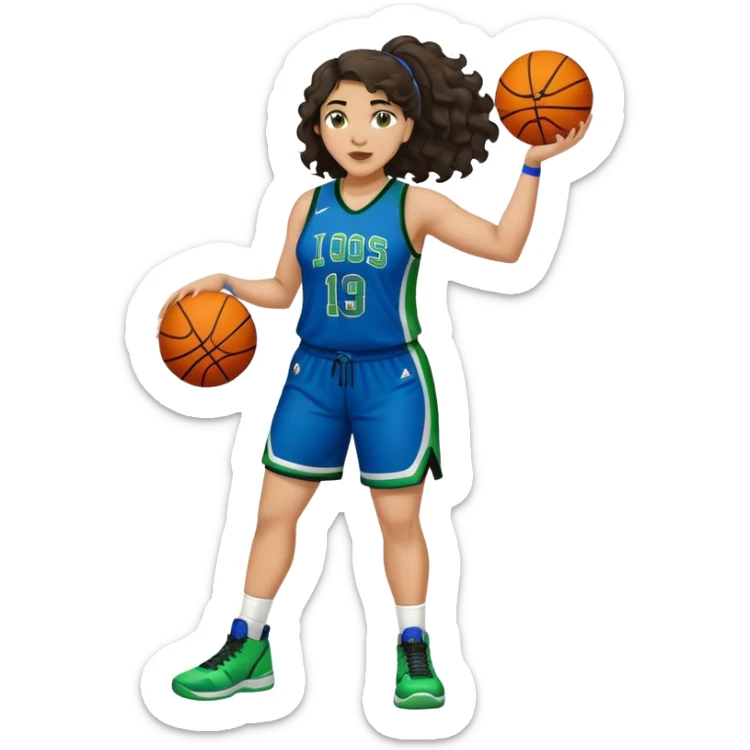 full body plus size light skin latino women basketball player with wavy dark hair large wide nose wearing blue with green uniform sticker
