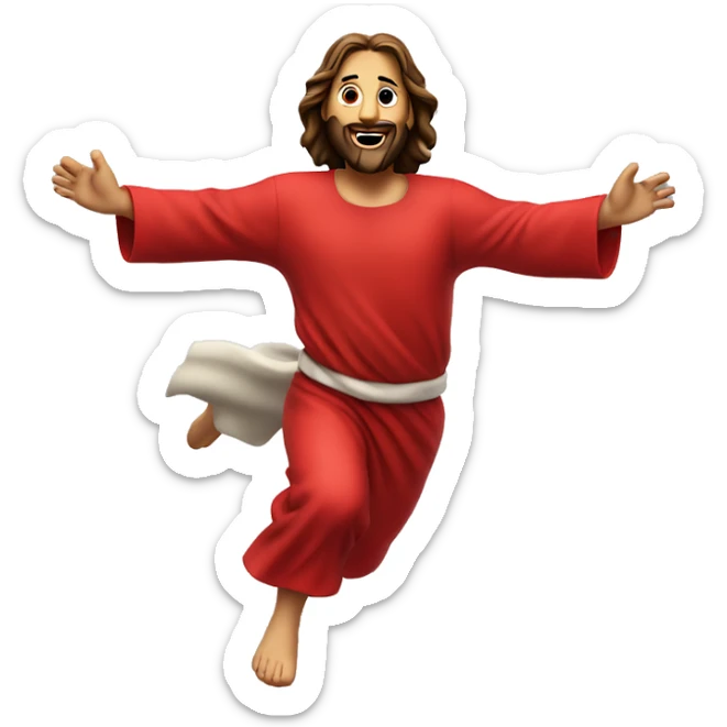 Jesus sprinting, with a large stride and arms outstretched, in a red santa costume sticker