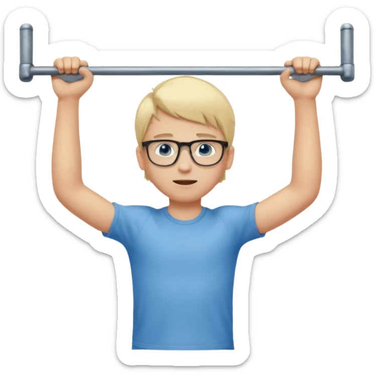 Wygeneruj mi emotke całego ubranego chłopaka od stóp do głów o włosach blond z niebieskimi oczami w okularach, który podciąga się na drążku sticker