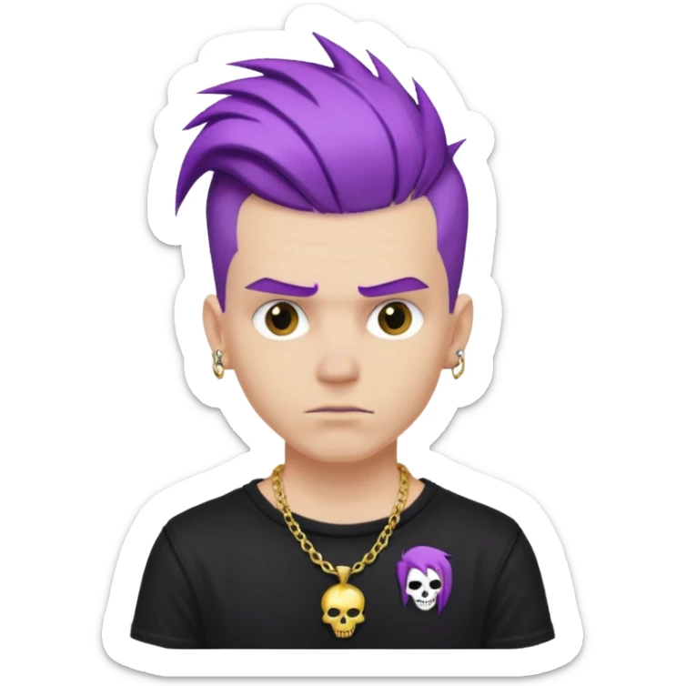 make a iphone emoji who is a white man that looks punk with purple punkk hair, with a black punk shirt and a golden neckless sticker