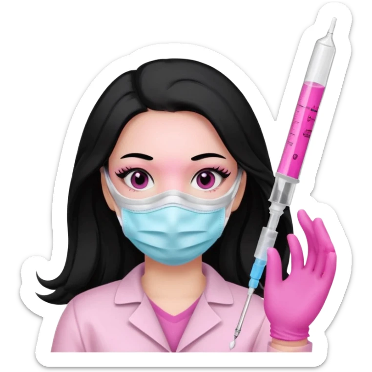 laboratorista con guantes rosa y mascarilla rosa  jeringa tubo laboratorio sin lentes  y  ojos negros cabello largo negro color ojos oscuro sticker