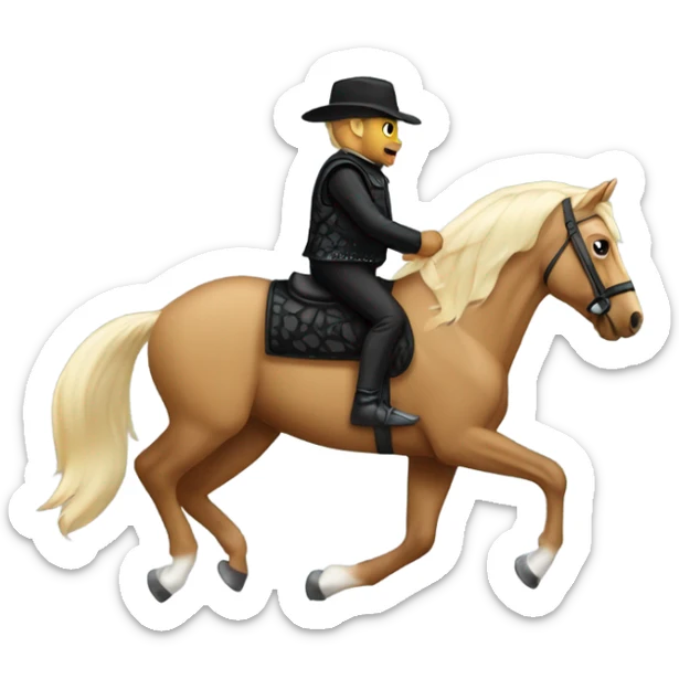  A Palomino horse running with a black sequin rug on his back and a brown rider on his back without a helmet dressed in black pants and a vest  sticker