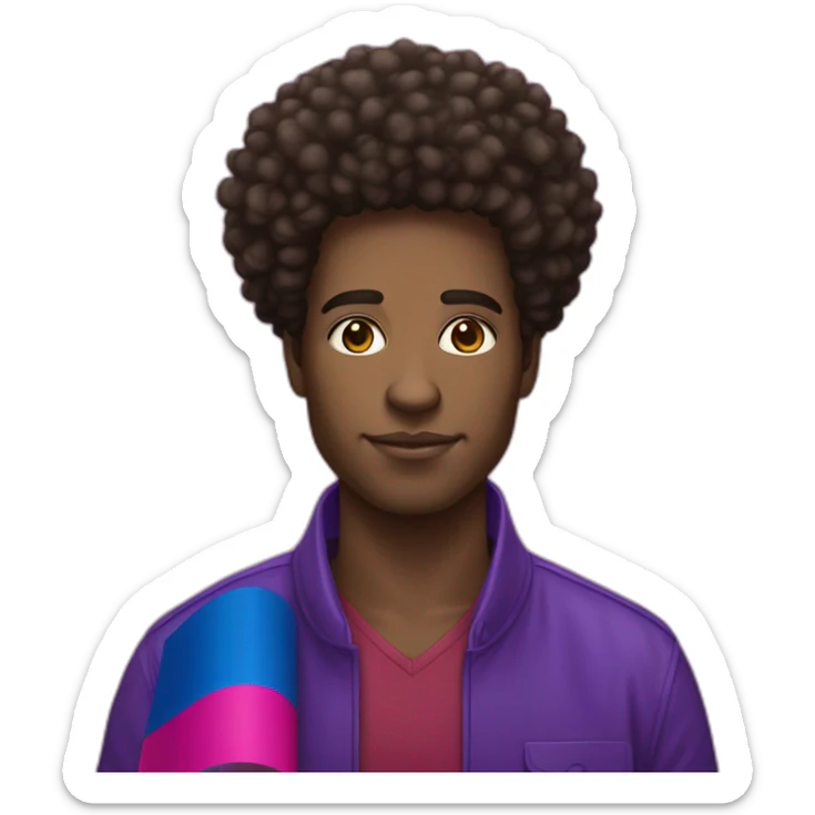 african-american man with curly "afro" hair holding the 3 shade bisexual flag sticker