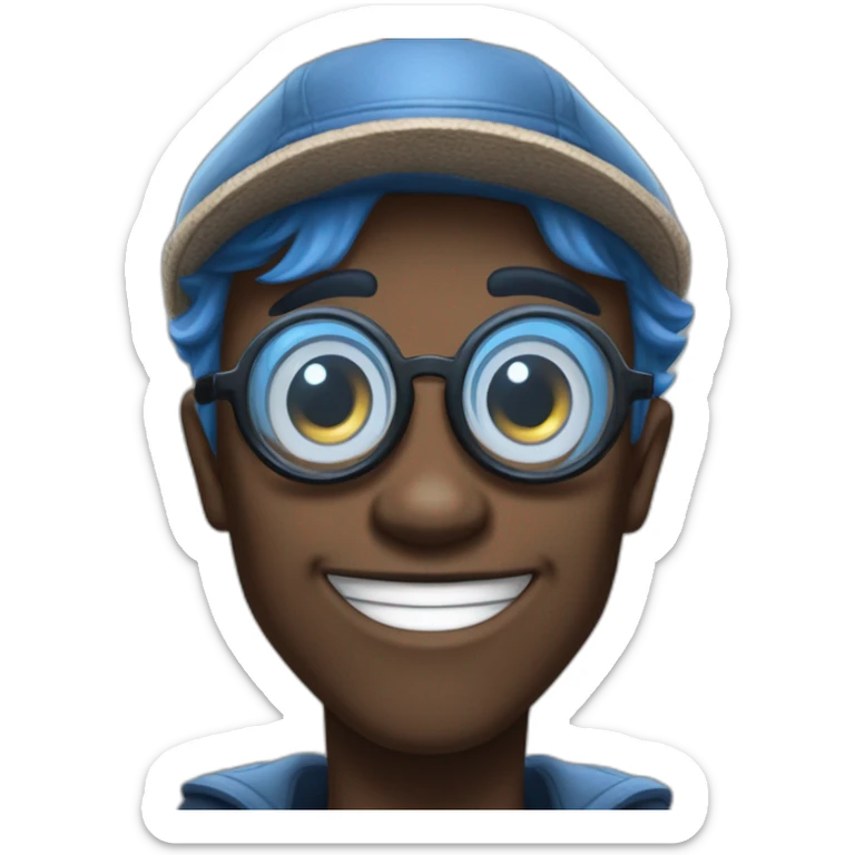 tobi lutke as megamind with blues eyes glasses and newsboy hat sticker