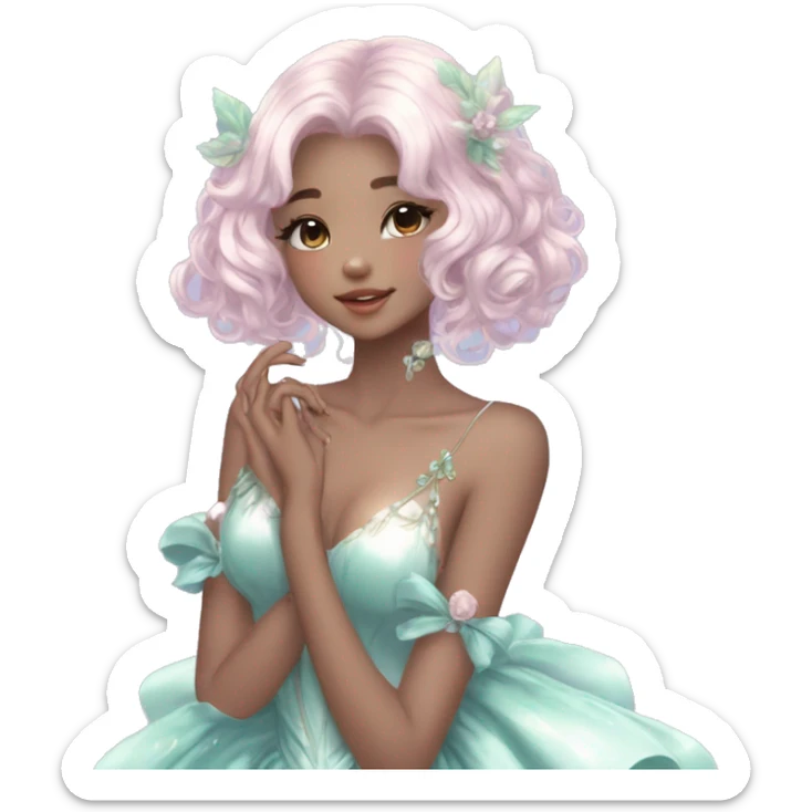 Dreamy pretty elegant kawaii cute shiny blushing shy anime lady kawaii beautiful hair naturecore fairycore cottagecore jewels trending aesthetic full body sticker