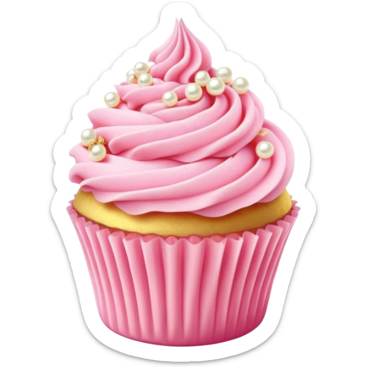 Cinematic Realistic Pink Cupcakes, fluffy pastel pink frosting swirled elegantly on top of golden cupcakes, tiny edible pearls adding a delicate touch, soft warm lighting creating a dreamy atmosphere, glowing with sweetness and charm. sticker
