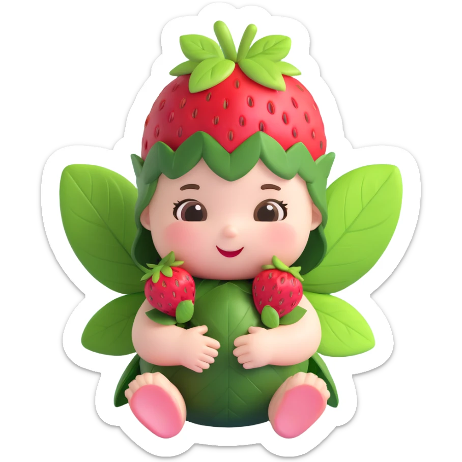 3D style baby strawberry fairy character with a soft, chubby face, pinkish skin, strawberry leaves and a small strawberry on its head, round plush body, playful expression sticker