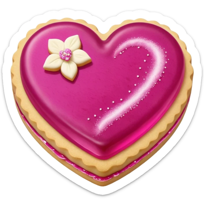 Realistic shortbread cookie in the shape of a heart with Fuchsia color jelly middle filling and sprinkled powder sugar on top. sticker