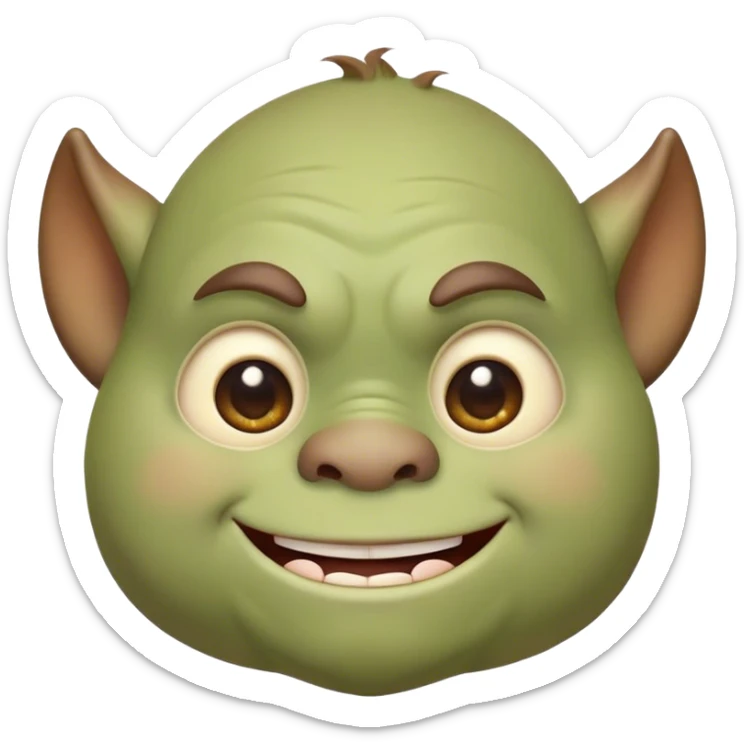 Cinematic Cute Ogre Portrait Emoji, with a surprisingly endearing, plump and huggable figure in soft earthy greens and browns, featuring big, kind eyes and a bashful smile, simplified yet irresistibly adorable, highly detailed with a soft glowing outline that captures the charm of a friendly giant who seems ready for a warm hug! sticker