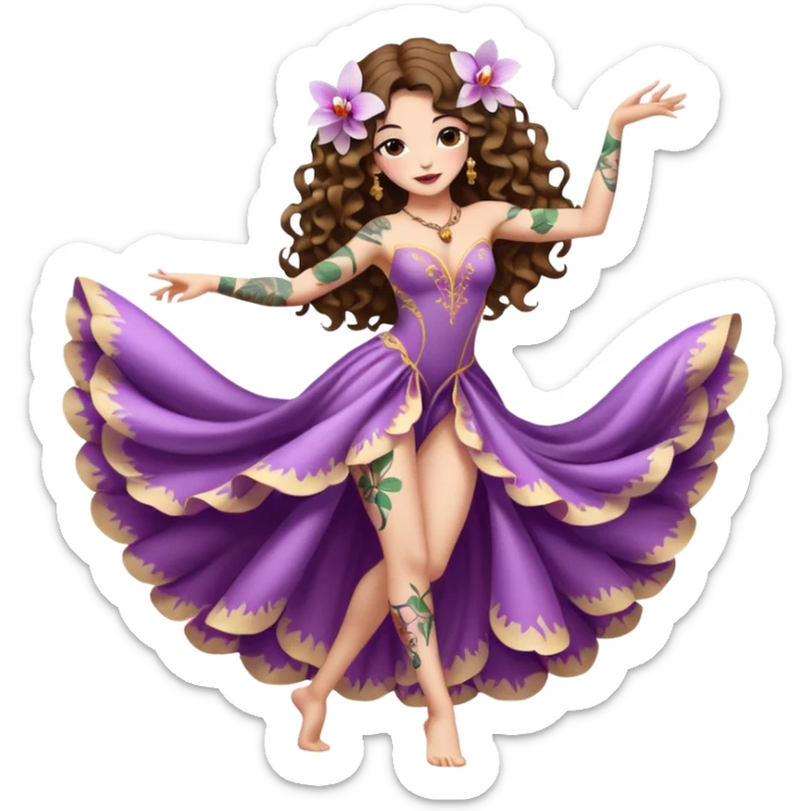full body woman long curly brown hair brown eyes white skin tattoos wearing orchid petal dress, flower veil dancer pose, arched back, flirty pose sticker