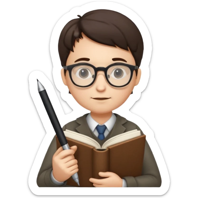 writer holding big pen in hand and closed book in other hand, wearing glasses sticker