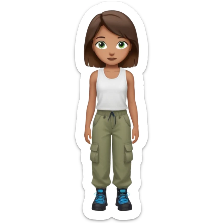 Girl with brown hair that looks black with blue like green eyes with beauty marks and braces wearing a white tanktop and baggy cargo pants sticker