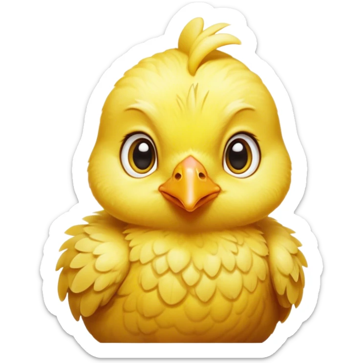 Cinematic Noble Yellow Baby Chicken Portrait Emoji, Poised and regal, with a tiny, fluffy build and a vibrant, well-groomed bright yellow downy coat, deep-set soulful beady eyes, Simplified yet sharp and sophisticated features, highly detailed, glowing with a soft, dignified glow, high shine, intelligent and charming, stylized with an air of youthful elegance, focused and attentive, soft glowing outline, capturing the essence of a watchful and confident little chick, so majestic it feels as though it could peep out of the screen with effortless authority! sticker