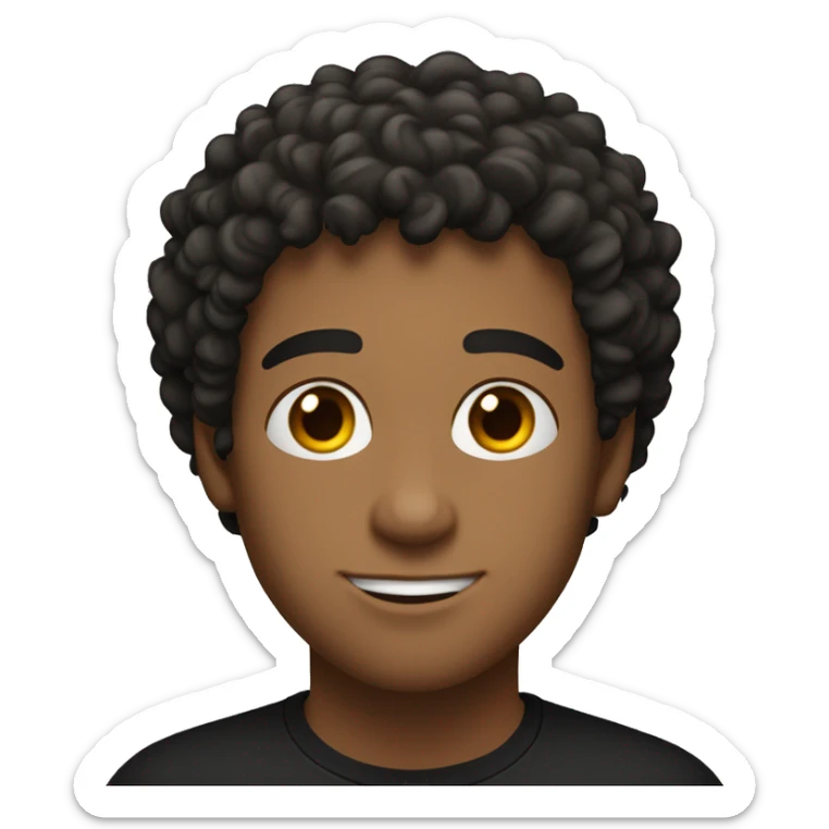 A young man, a curly haircut, a black shirt. around 23 years old and is identified as male. The man's curly hair adds texture to his overall appearance.  His facial expression appears confident and composed.  sticker