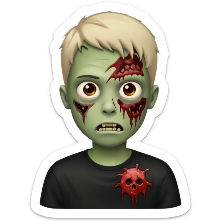 crie um menino zumbi emo sem sangues, com apenas a pele de zumbi e uma camisa preta sticker