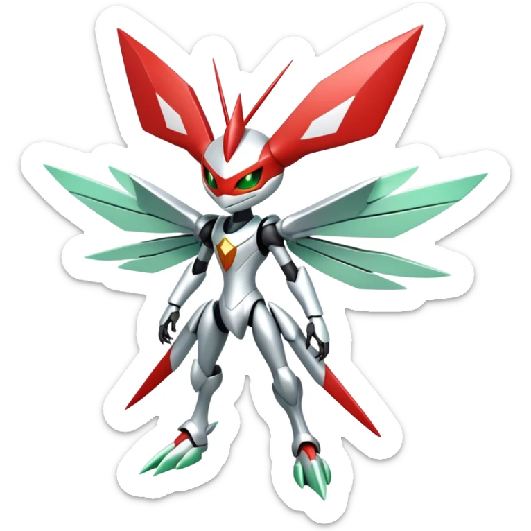Cute Cool Edgy Shiny Futuristic Ethereal Legendary Kartana-Digimon-Scizor-hybrid full body sticker