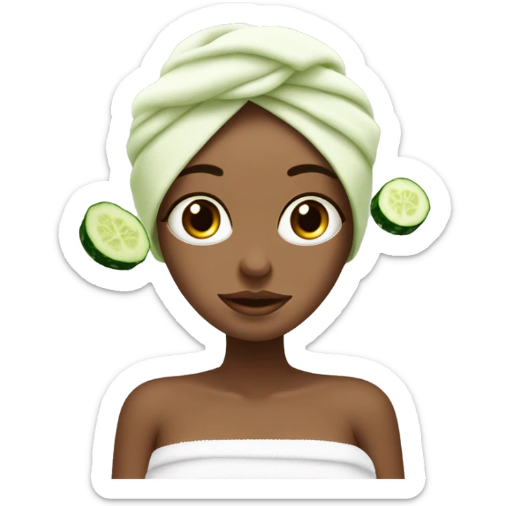 White girl in towel in her hair and slices of cucumber on her eyes, spa sticker