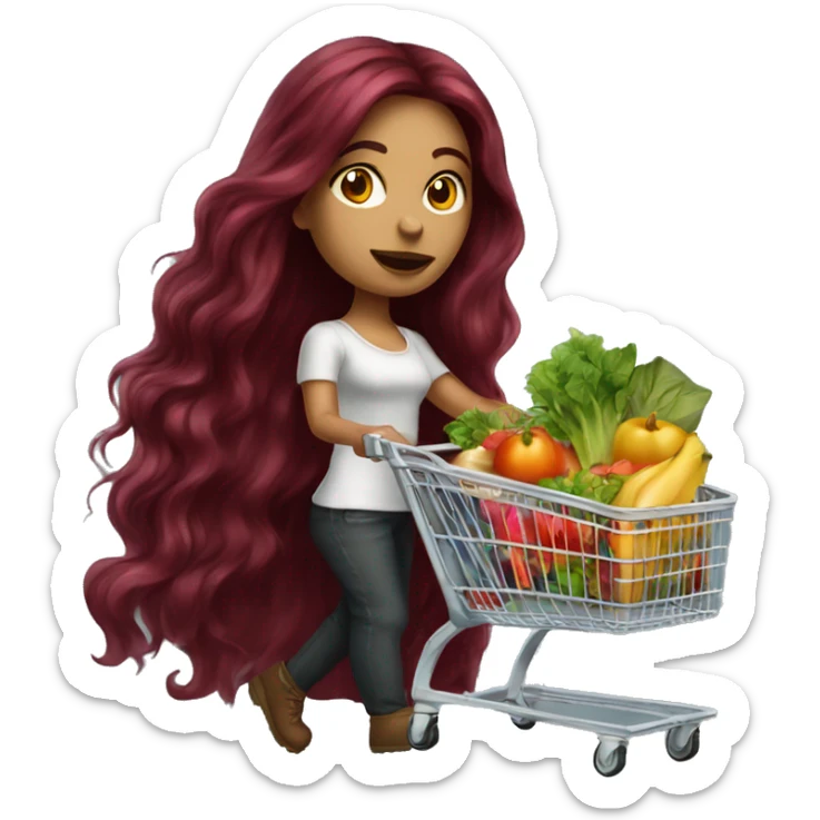 Beautiful tattooed burgundy long haired woman pushing shopping cart sticker