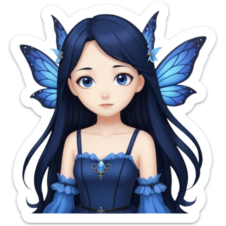 Gothic anime fairy with long beautiful black hair and dark blue dress, pastelcore, sticker