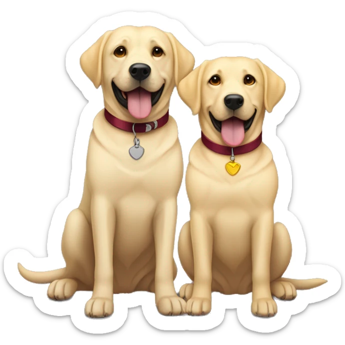 Two happy  Labradors, one black wearing a burgundy collar and one yellow Labradors wearing a beige collar sticker